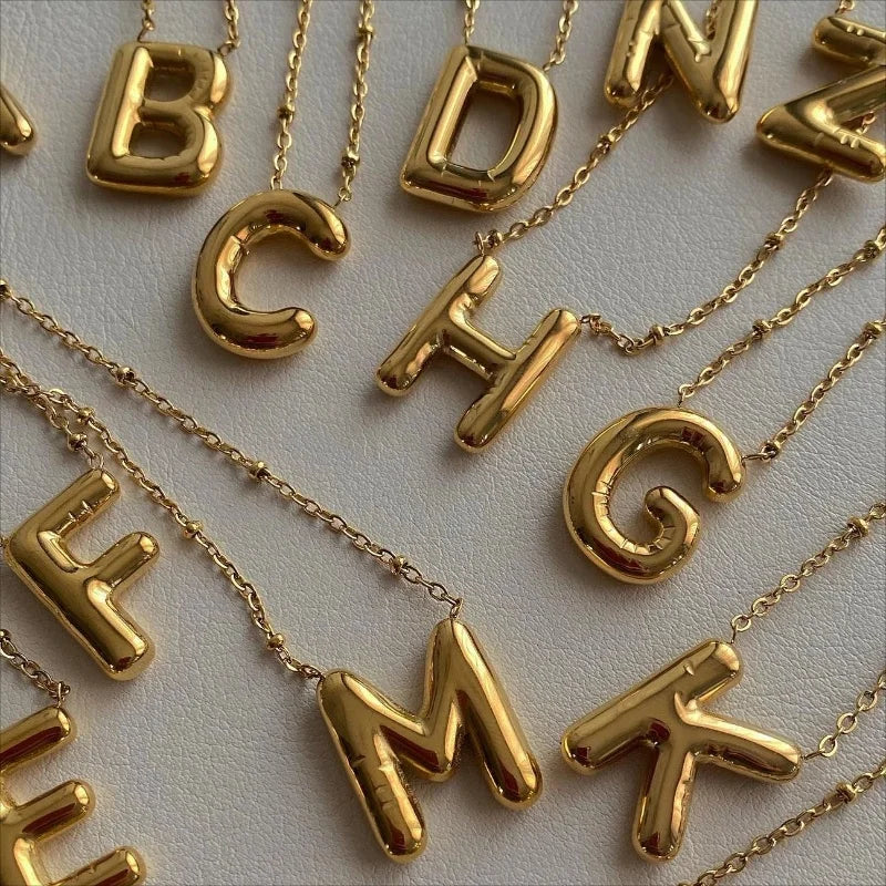 Smooth Stainless Steel Bubble letter Initial Pendant Chunky Women Personality Jewelry Gold Plated Balloon 26 Letter Necklaces