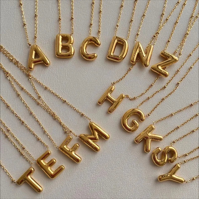 Smooth Stainless Steel Bubble letter Initial Pendant Chunky Women Personality Jewelry Gold Plated Balloon 26 Letter Necklaces