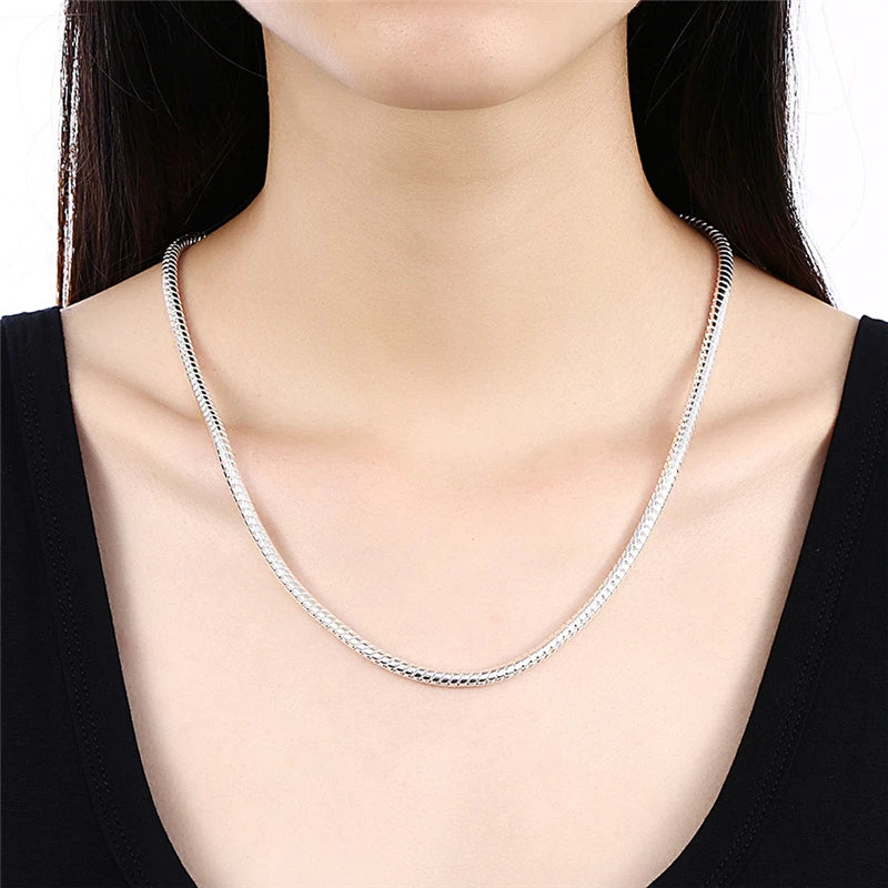 DOTEFFIL Silver Color 16/18/20/24/22/24/26/30 Inch 3mm Snake Chain Necklace For Woman Man Wedding Engagement Jewelry