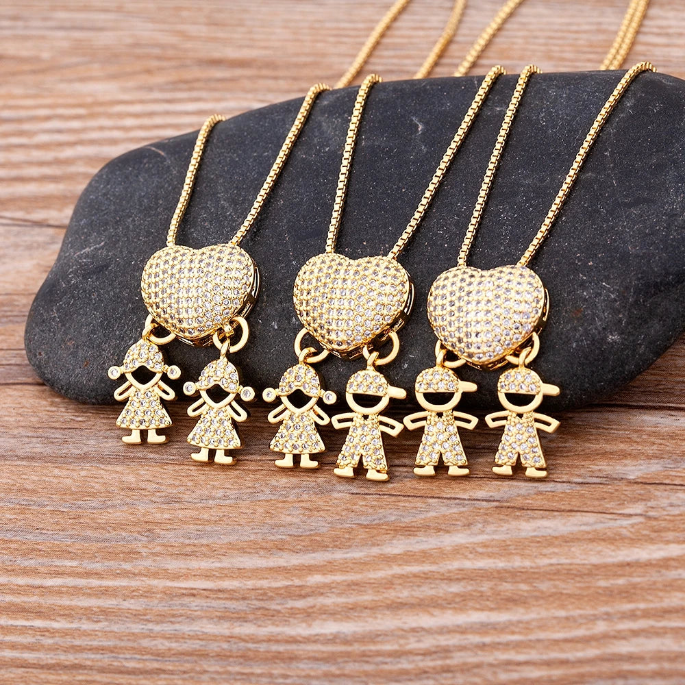 Nidin Fashion Son Daughter Heart Gold Color Cubic Zirconia Family Girl Boy Pendant Necklace Copper Chain Jewelry For Mother Gift