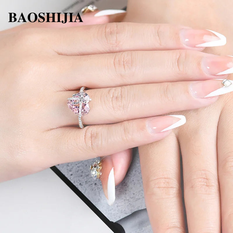 BAOSHIJIA Women's Solid 18K White Gold Ring Fashion Natural Heart-shaped Morganite Diamonds Bow Decoration Beautyful