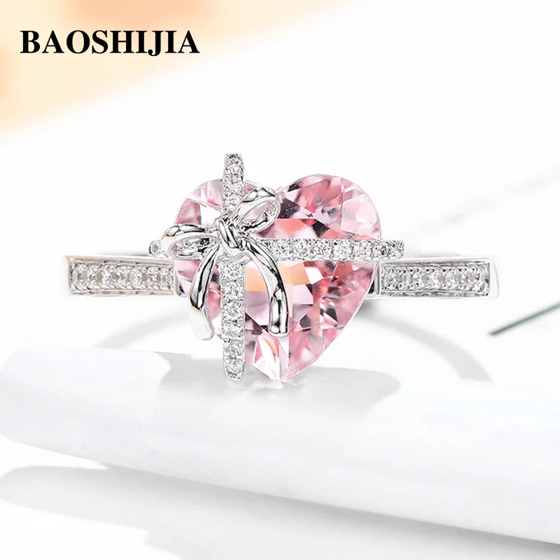 BAOSHIJIA Women's Solid 18K White Gold Ring Fashion Natural Heart-shaped Morganite Diamonds Bow Decoration Beautyful