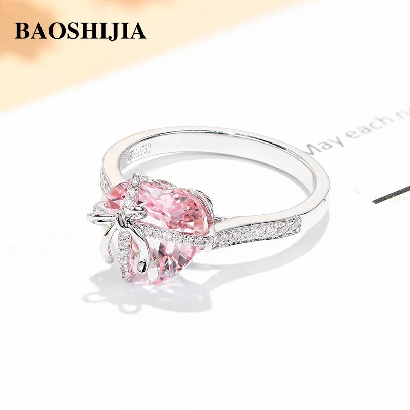 BAOSHIJIA Women's Solid 18K White Gold Ring Fashion Natural Heart-shaped Morganite Diamonds Bow Decoration Beautyful
