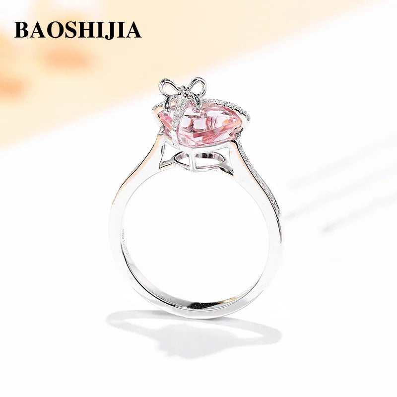 BAOSHIJIA Women's Solid 18K White Gold Ring Fashion Natural Heart-shaped Morganite Diamonds Bow Decoration Beautyful