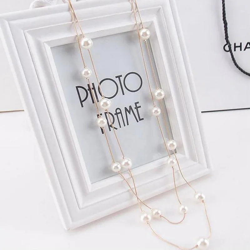 New Long Double Layer Simulated Pearl Necklace Women Sweater Chain Female Collares Statement Jewlery Wholesale 2024