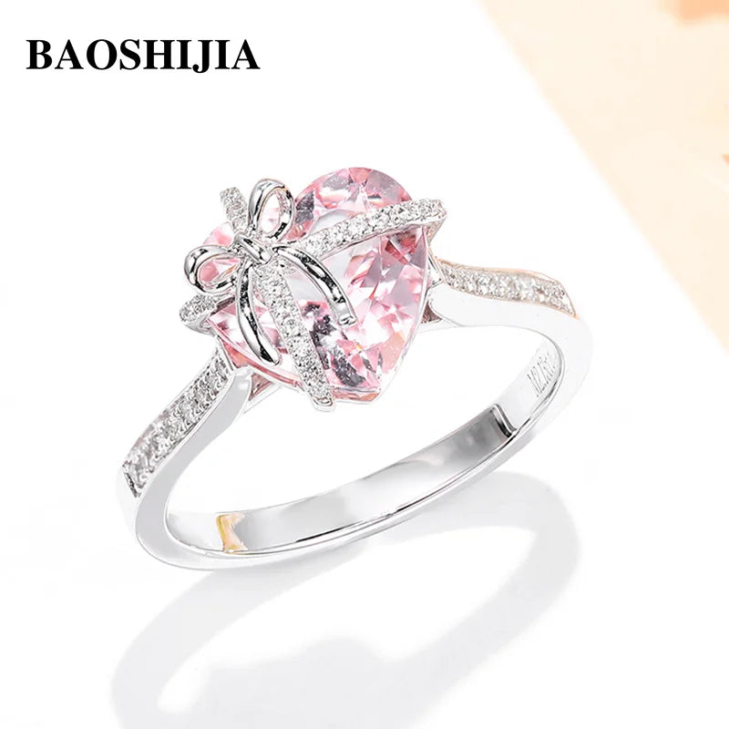 BAOSHIJIA Women's Solid 18K White Gold Ring Fashion Natural Heart-shaped Morganite Diamonds Bow Decoration Beautyful