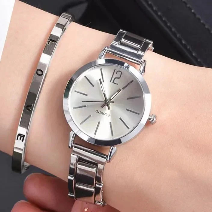Womens Fashion Simple Digital Alloy Quartz Watch Bracelet 2 Piece Set Luxury Women Simple Dial Ladies Watch Reloj Mujer