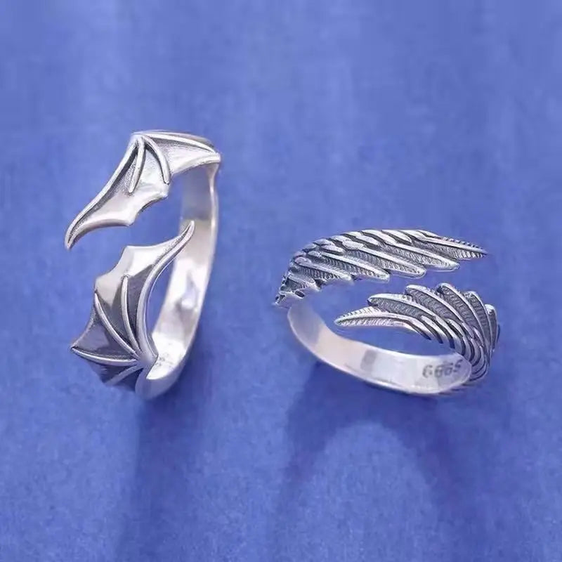 TrendMen Hiphop Rock Angel Devil Wing Couple Rings For Men Boys Silver Color Metal Fingers Accessories Party Jewelry Gifts