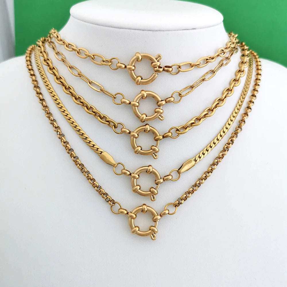 QMHJE Sailor Clasp Necklace Women Men Choker Stainless Steel Geometric Rolo Link Cuba Paperclip Chain Basic DIY PVD Gold Color