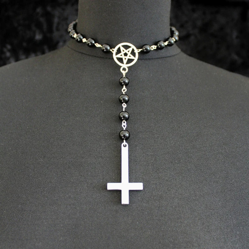 Gothic Bat Pendant Necklace for Women Men Beaded Chain Retro Pagan Pentagram Goth Necklace Male Female Jewelry Gift Accessories