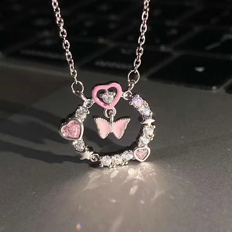 Fairy Elegant Pink Round Crystal Pendant Necklace Simple Design Korean Fashion Girls Women Star Clavicle Chain Jewelry Gifts