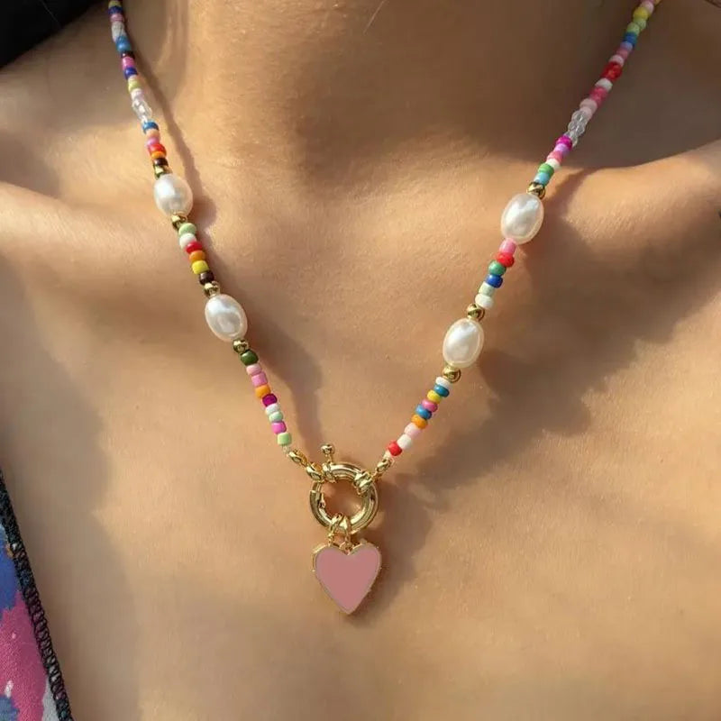 YWZIXLN Bohemian Colorful Beads Chain Fashion Necklaces White Heart Pendant Jewelry For Women Valentine's Accessories N0463