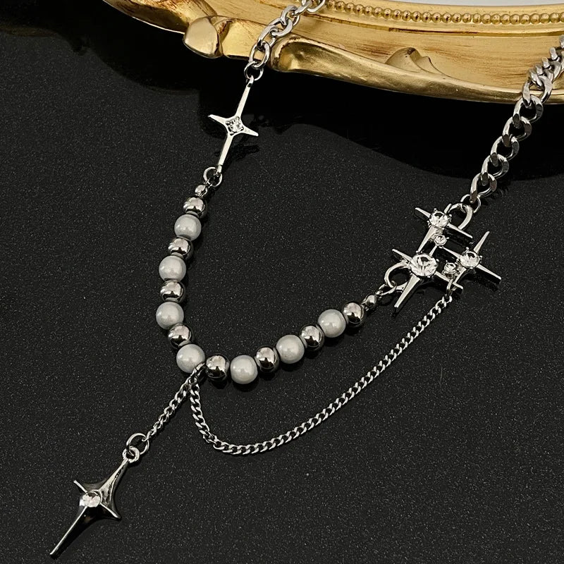 Kpop Cross Star Beaded Necklace for Men Unisex Hiphop Imitation Pearl Star Pendant Necklaces Women Y2K Punk Tassel Necklace