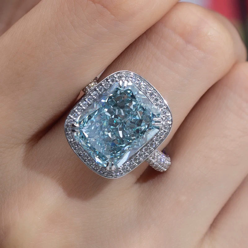 Messi Jewelry 14K White Gold Blue Lab Grown Diamond 1.6CT Cushion Cut Eternity Ring