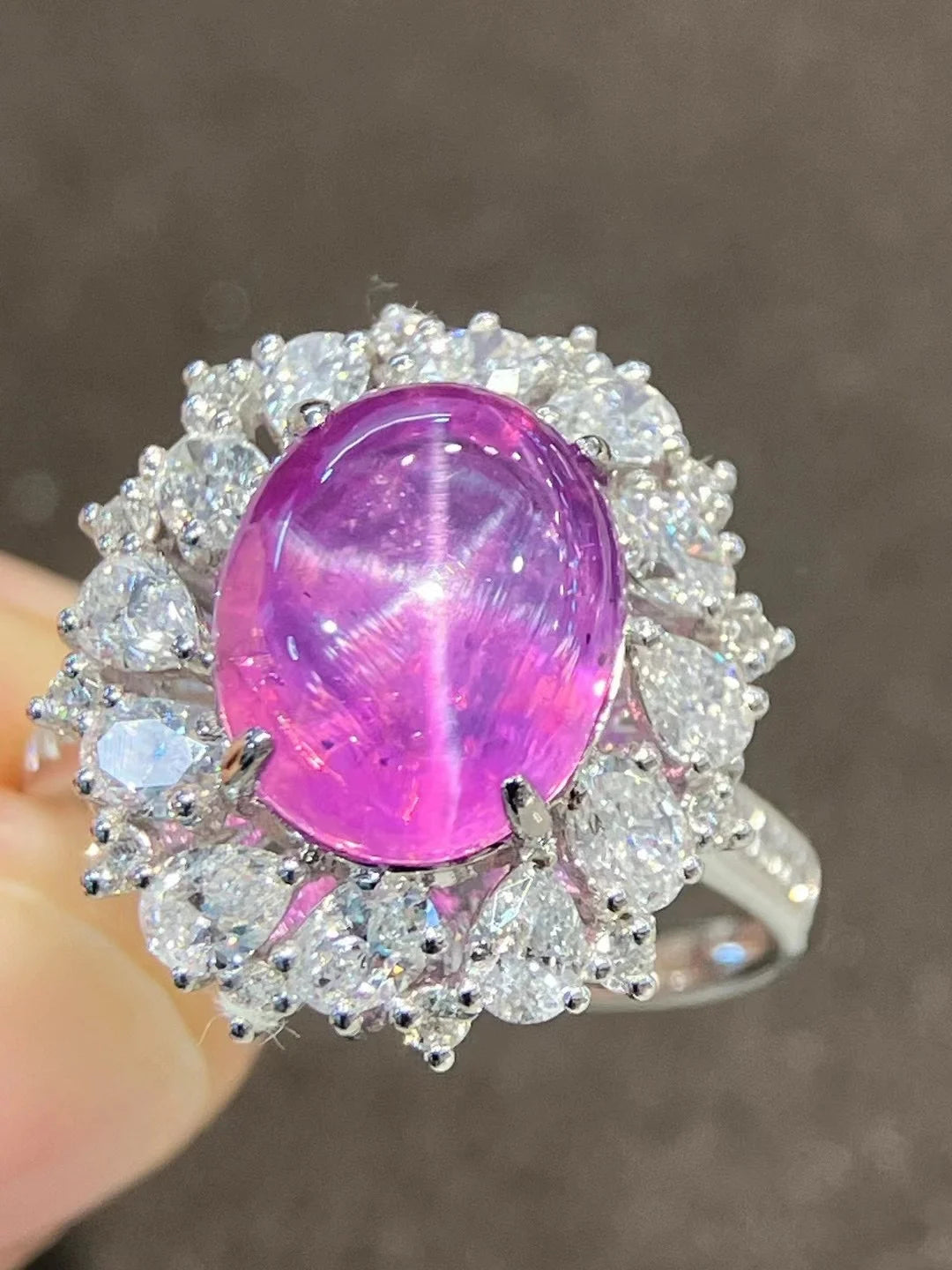 LR24 Solid 18K White Gold Natural Unheat Pink Star Sapphire 6.86ct Gemstones Unisex Sapphire Diamonds Rings