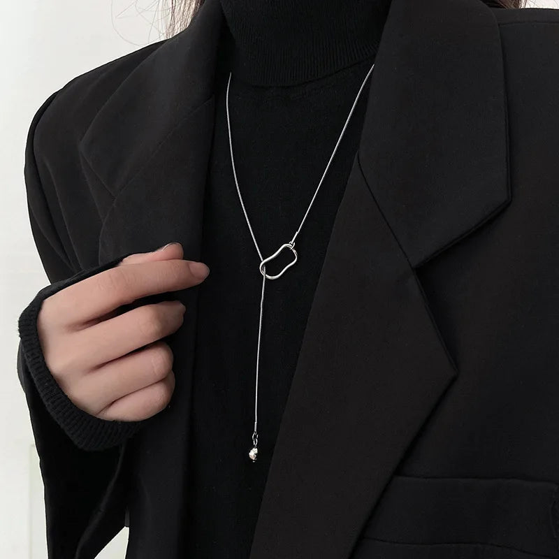 Fashion Silver Color Long Tassel Pull Pearl Pendant Necklaces for Women Simple Adjustable Clavicle Chain Choker Jewelry Gift