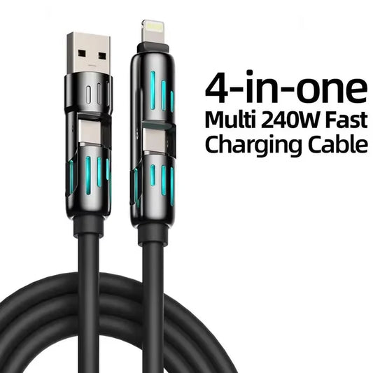 Type C,USB,lightning-Max 240W Fast Charging for iPhone 16/15, iPad and Data Sync MFISH 4-in-1 Multi-Function USB Charging Cable
