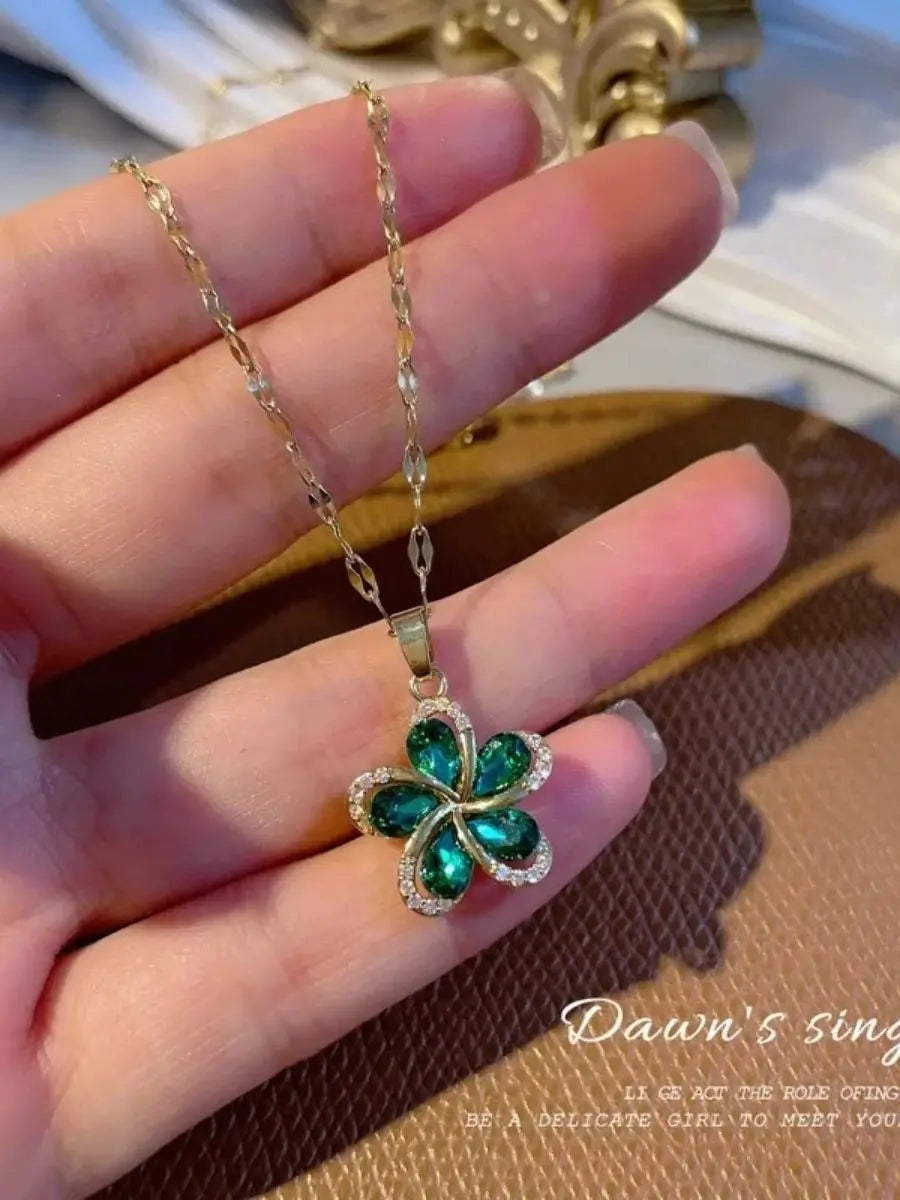 DIEYURO 316L Stainless Steel Green Zircon Flowers Pendant Necklace For Women New Luxury Girls Lucky Chain Birthday Jewelry Gifts