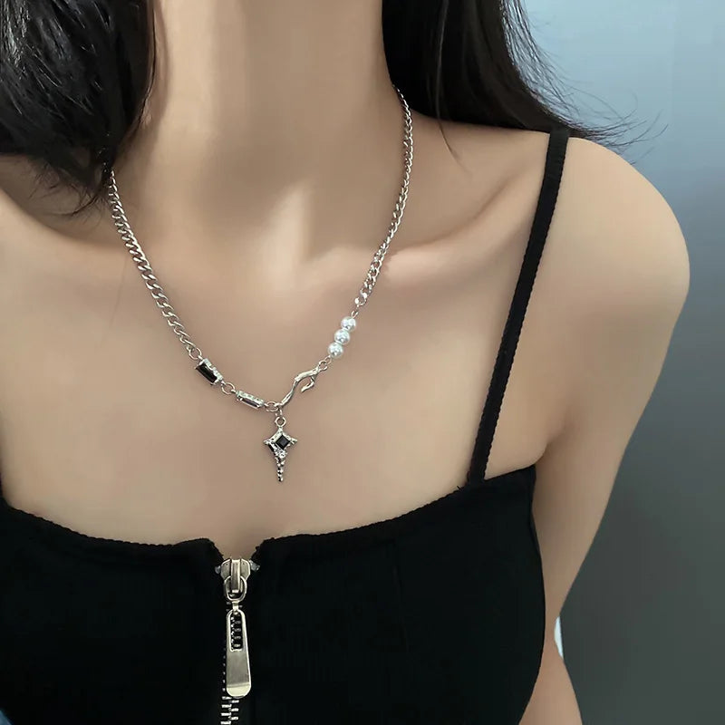 Kpop Cross Star Beaded Necklace for Men Unisex Hiphop Imitation Pearl Star Pendant Necklaces Women Y2K Punk Tassel Necklace