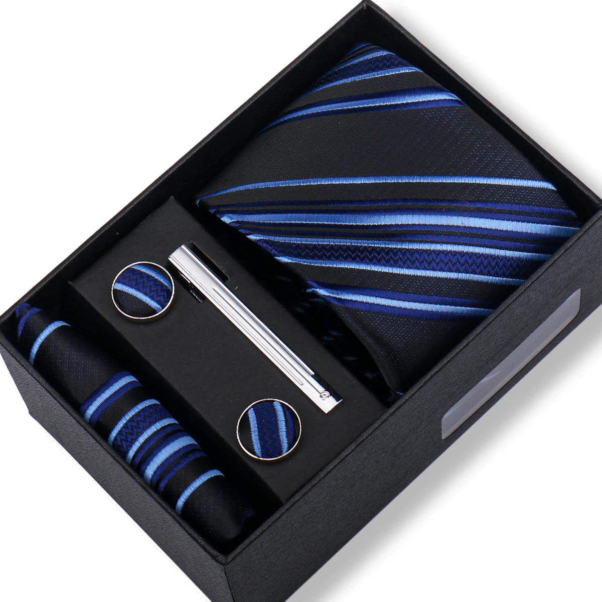Fashion Elegant Men's Necktie Gift Box Striped Tie Handchief Cufflink Tie Clip 4 pcs Set Wedding Business Party Suit Accessories