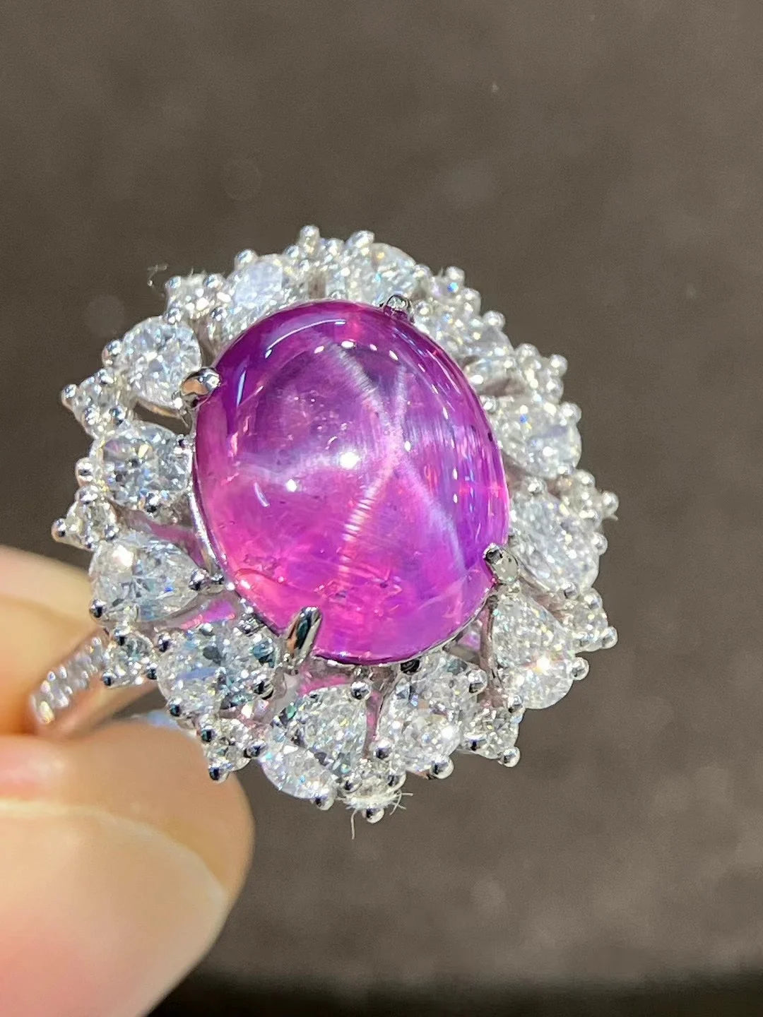LR24 Solid 18K White Gold Natural Unheat Pink Star Sapphire 6.86ct Gemstones Unisex Sapphire Diamonds Rings