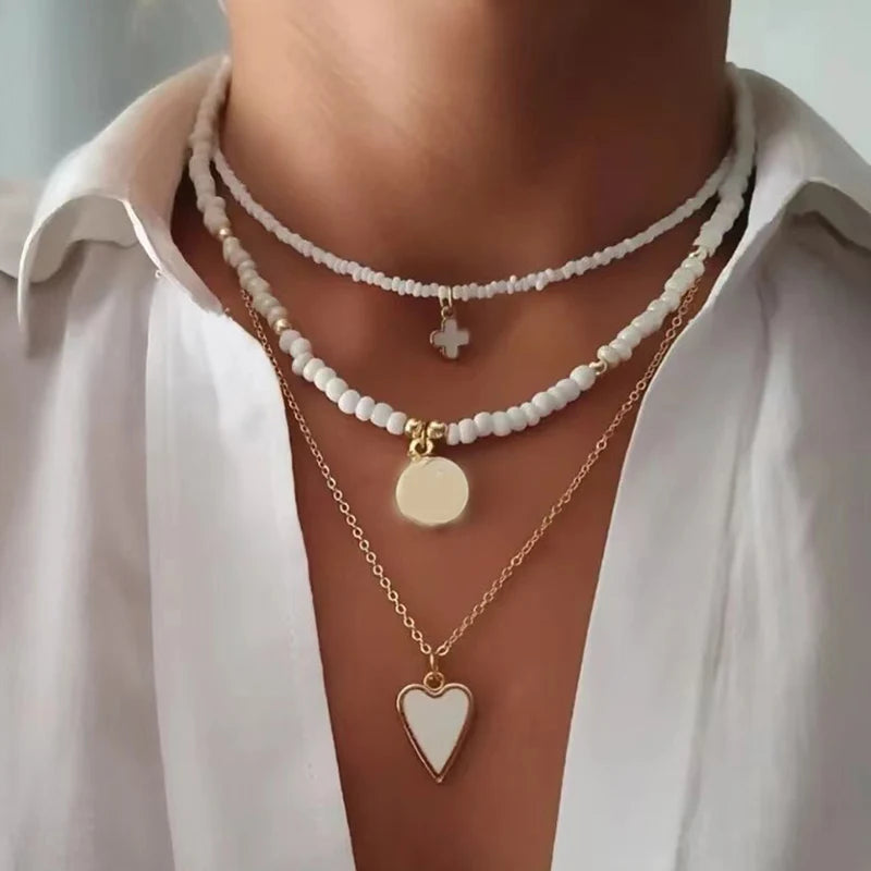 Bohemian Multilayer Handmade Beads Chain Fashion Necklaces Oil Heart Cross Pendant Jewelry For Women Accessories X0189
