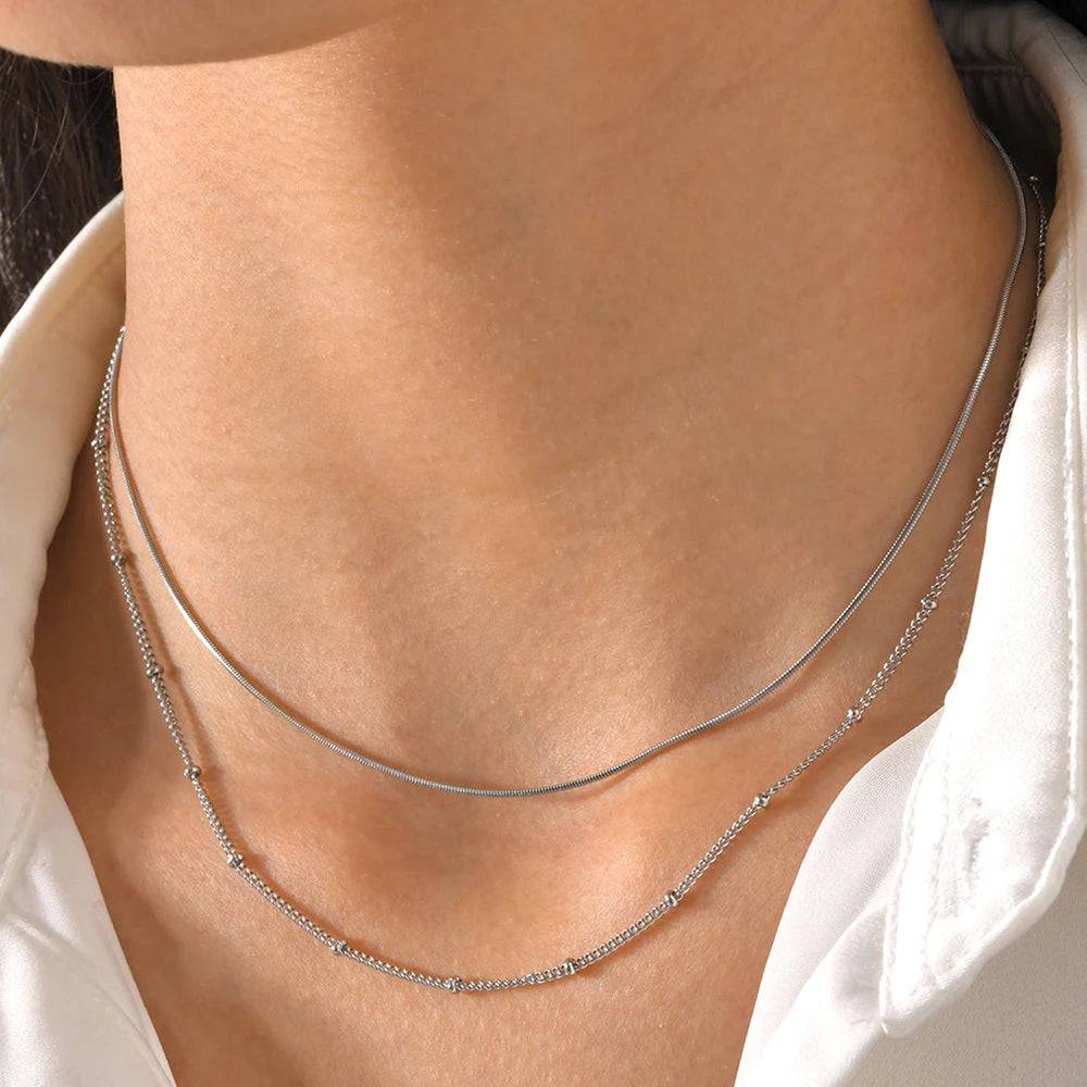 New 2024 Stainless steel Double layered stacking chain necklace Women Woman's Choker jewelry necklace for women