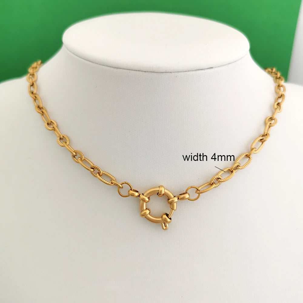 QMHJE Sailor Clasp Necklace Women Men Choker Stainless Steel Geometric Rolo Link Cuba Paperclip Chain Basic DIY PVD Gold Color