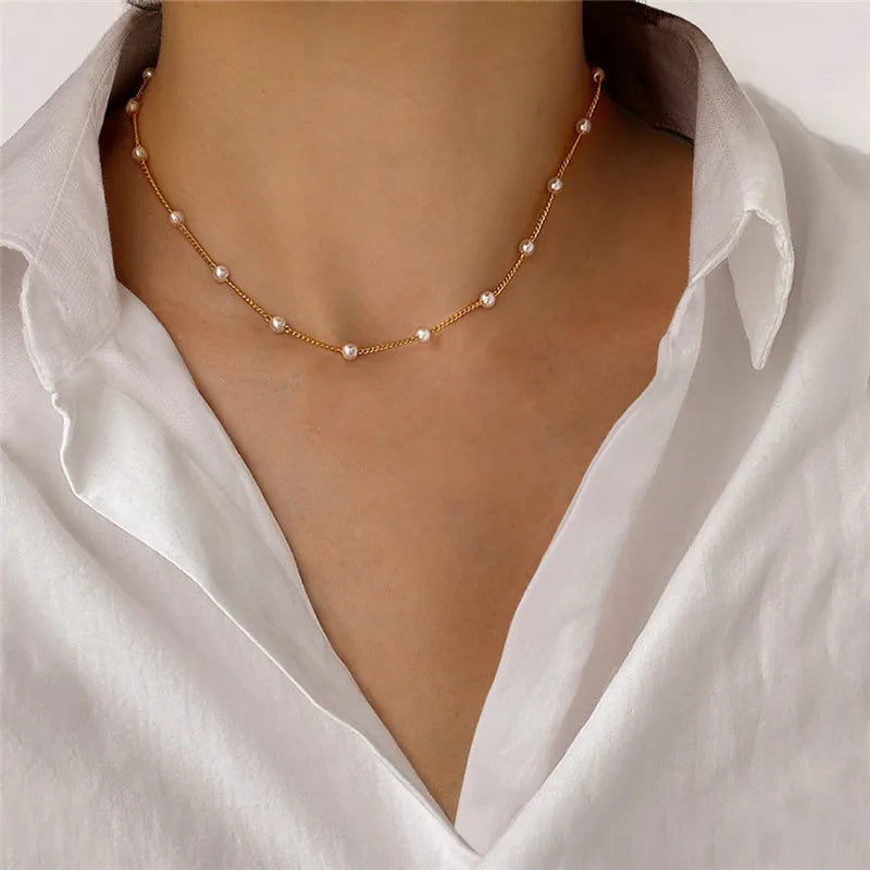 New Beads Women's Neck Chain Kpop Pearl Choker Necklace Gold Color Goth Chocker Jewelry On The Neck Pendant 2024 Collar For Girl