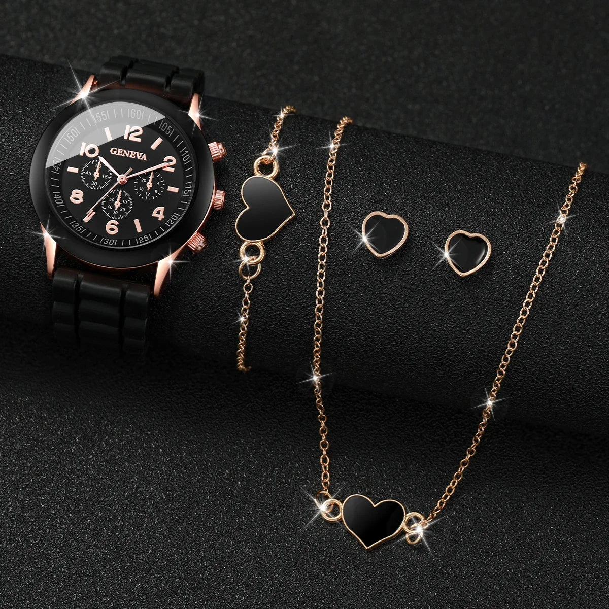 4PCS/Set Geneva Watch Fashion Silicone Band Women Watches Heart Jewelry Set ( Without Box )
