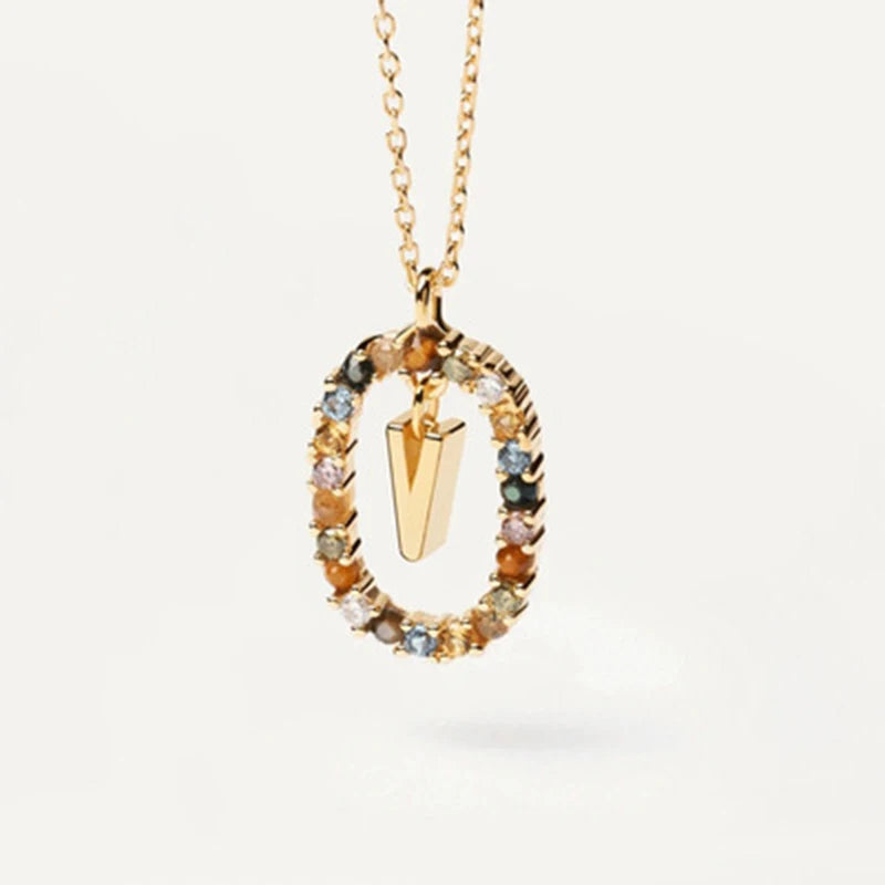 New 26 English Letter Pendant 925 Sterling Colored Zircon Letter Necklace Choker Fine Jewelry For Women