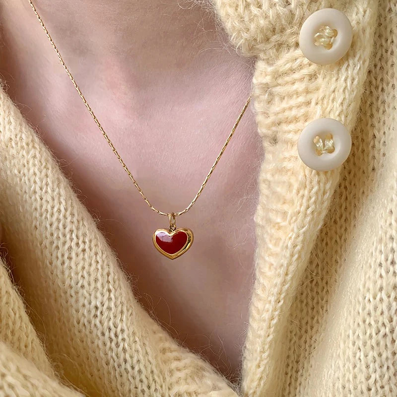 2024 Mothers Day Red Heart Pendant Stainless Steel Gold Color Chain Necklace for Women Non Fading Jewelry Sweet Accessories Gift