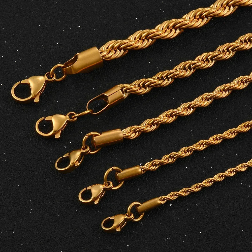2.5MM 3MM 4MM 5MM 18k Real Gold Plated Stainless Steel Twist Rope Chain No Fade Necklace Jewelry for Men Women