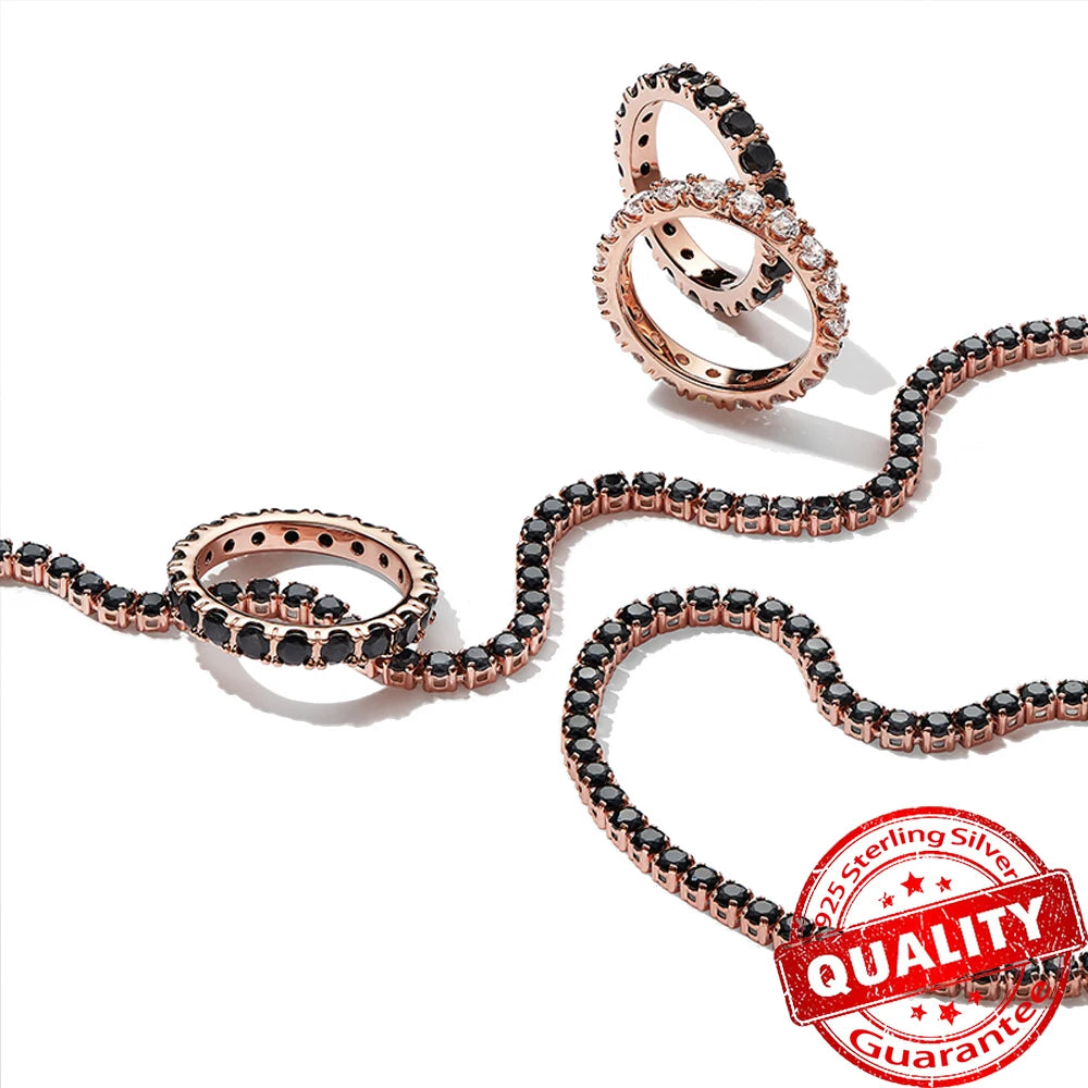 Sparkling Black Row Eternity Diamond Ring 925 Sterling Silver Freshwater Cultured Pearls Finger Open Ring for Women Jewelry Gift