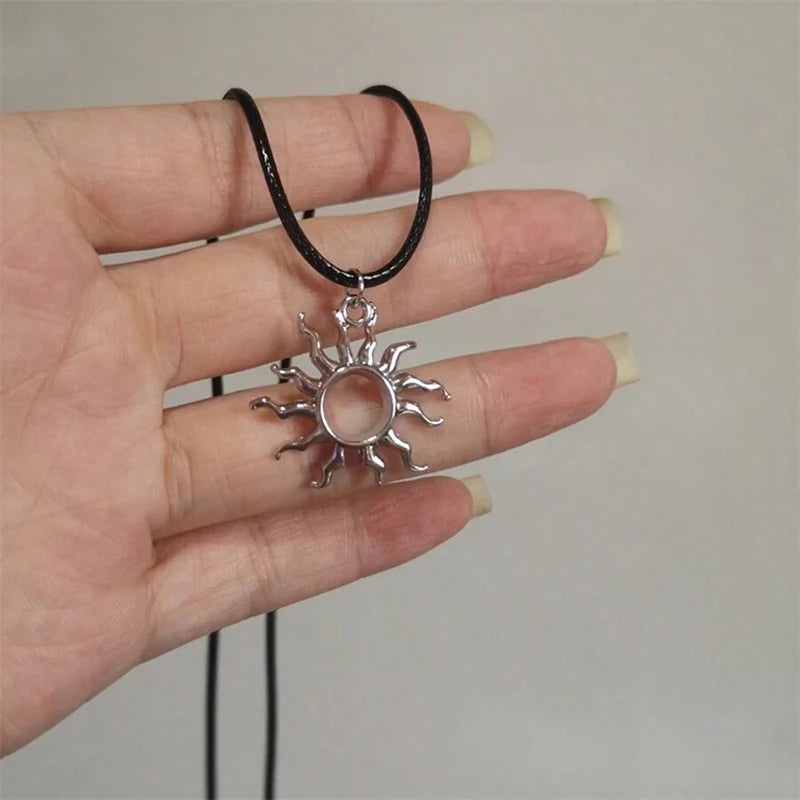 Hip Hop Burning Sun Pendant Leather Rope Necklace Vintage Whirlpool Geometric Necklaces For Men Boys