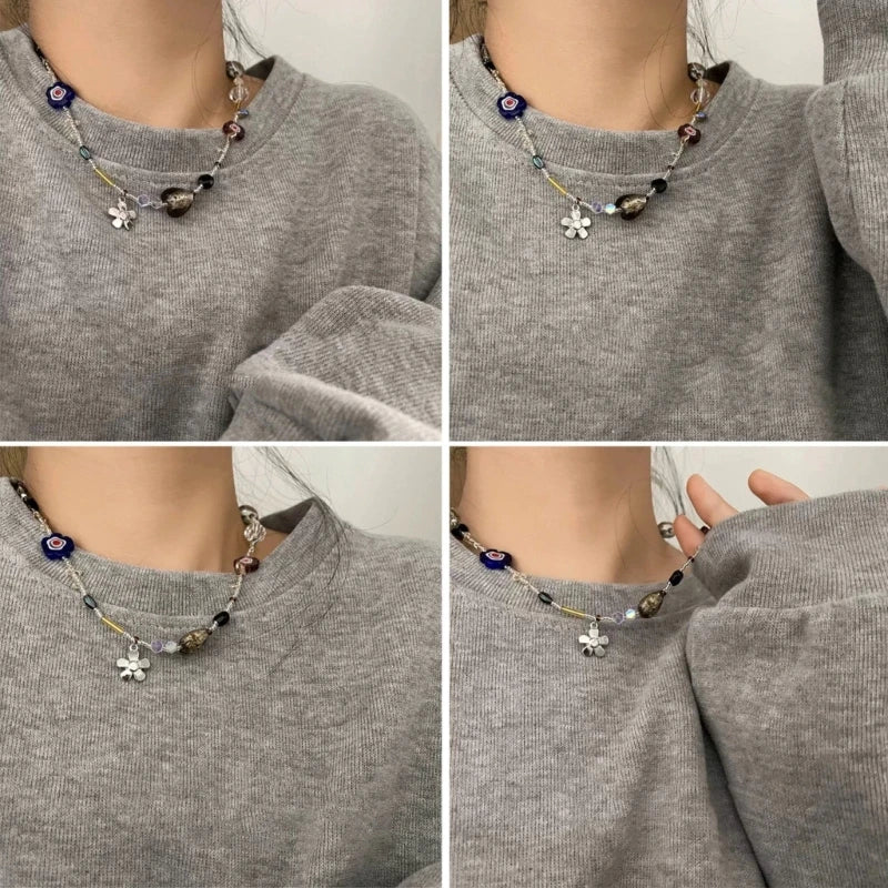 Dainty Acrylic Flower Necklace Elegant Crystal Beaded Chain Choker Necklace Wedding Jewelry Women Flower Sweater Chain
