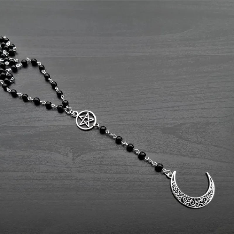 Gothic Bat Pendant Necklace for Women Men Beaded Chain Retro Pagan Pentagram Goth Necklace Male Female Jewelry Gift Accessories