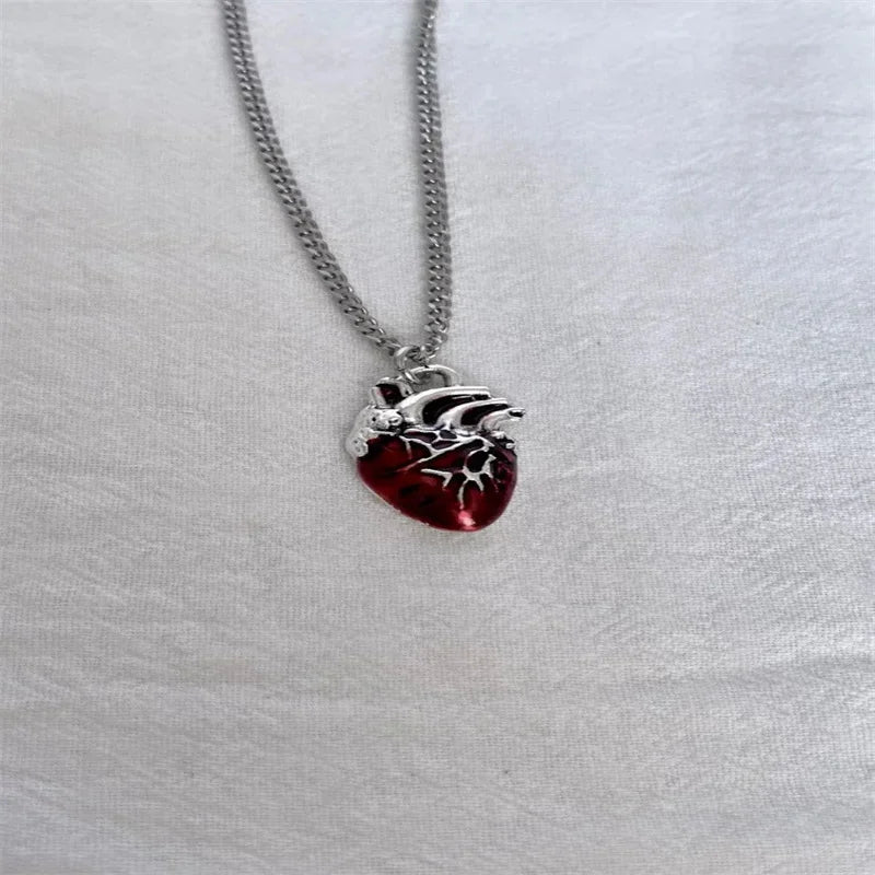 Anatomical red heart necklace gothic y2k grunge jewelry dainty silver color tonebloody red human heart pendant personalized gift