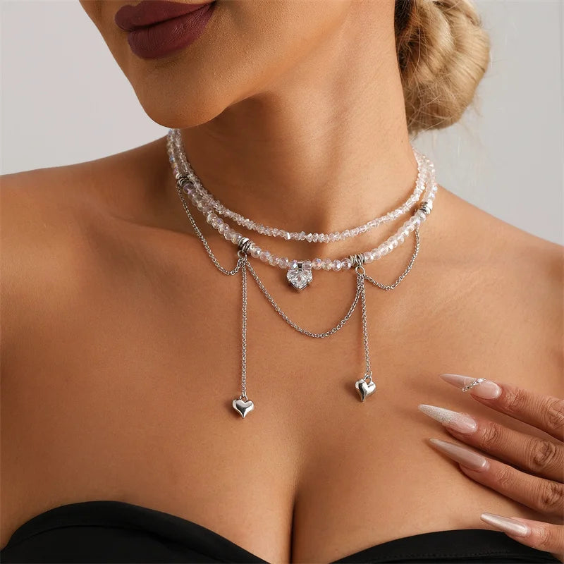 New Y2K Heart Beaded Necklace Women Boho Crystal Class Gravel Clavicle Chain Cool Y2K Choker Exquisite Fashion Jewelry
