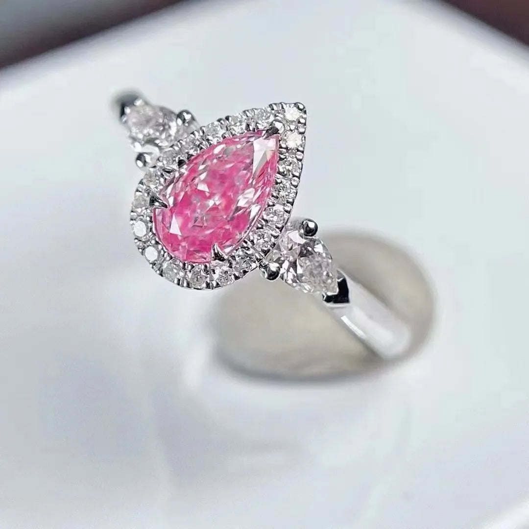 SGARIT Jewelry 18K White Gold 0.55 Carat Ring Drop Shaped Clarity VS Pink Natural Diamond Ring for Woman Birthday Gift