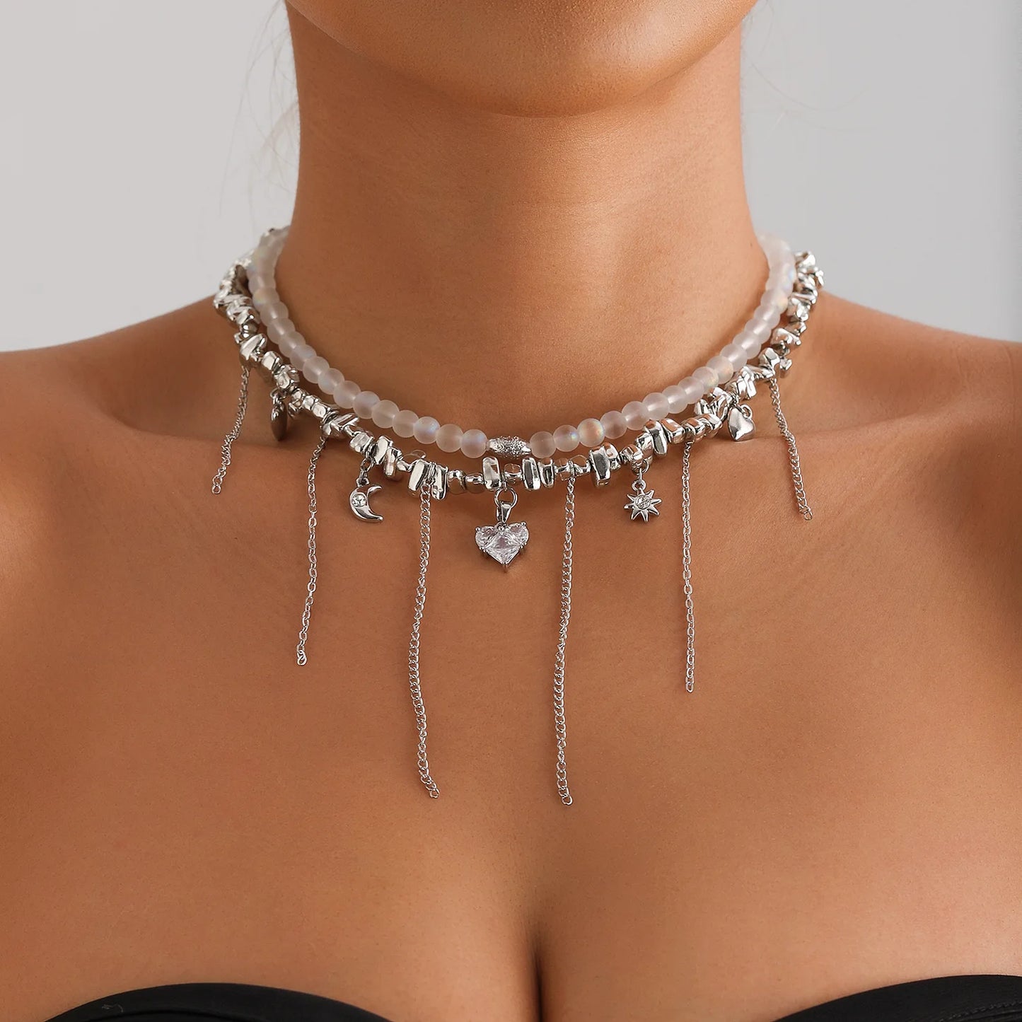 New Y2K Heart Beaded Necklace Women Boho Crystal Class Gravel Clavicle Chain Cool Y2K Choker Exquisite Fashion Jewelry
