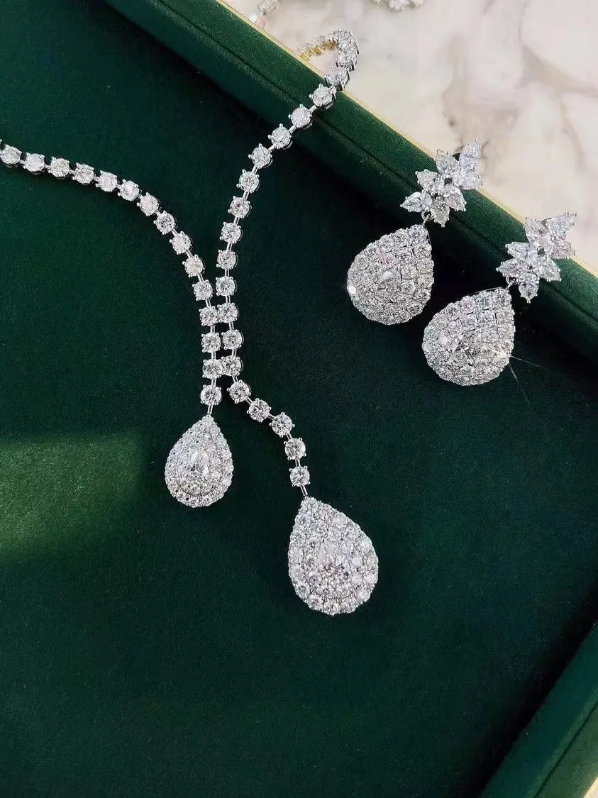 AEAW 14k Gold IGI Pear Cut Full Eternity DE Color VS-VVS Necklace & Earring total 30g Lab Grown Diamond Matching Setting
