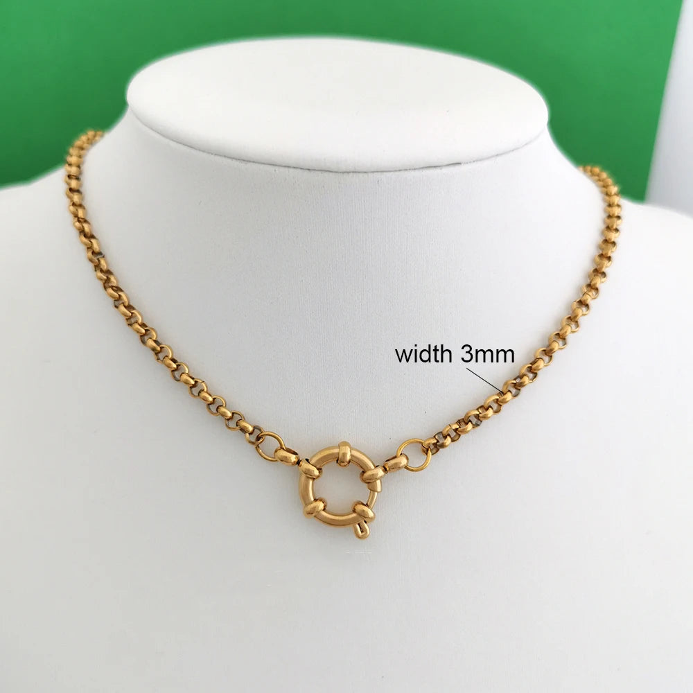QMHJE Sailor Clasp Necklace Women Men Choker Stainless Steel Geometric Rolo Link Cuba Paperclip Chain Basic DIY PVD Gold Color