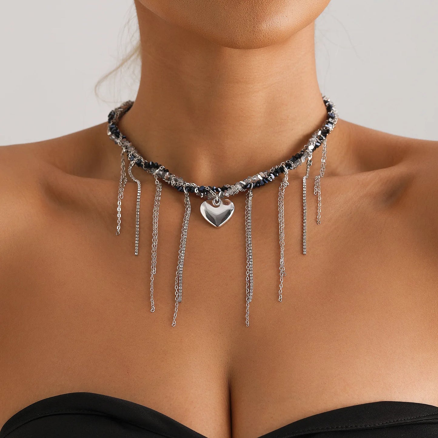 New Y2K Heart Beaded Necklace Women Boho Crystal Class Gravel Clavicle Chain Cool Y2K Choker Exquisite Fashion Jewelry