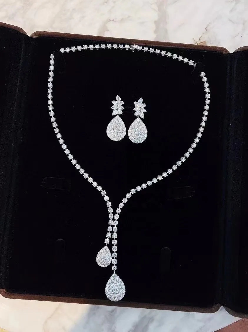 AEAW 14k Gold IGI Pear Cut Full Eternity DE Color VS-VVS Necklace & Earring total 30g Lab Grown Diamond Matching Setting