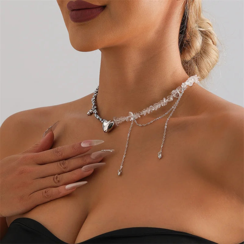 New Y2K Heart Beaded Necklace Women Boho Crystal Class Gravel Clavicle Chain Cool Y2K Choker Exquisite Fashion Jewelry