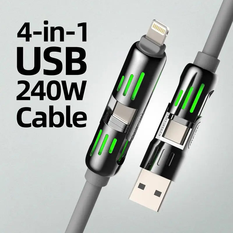 4-in-1 USB Charging Cable ( Free Storage Bag), fast charging MAX 240W USB A TYPE C Lightning for iPhone 16/15 Samsung Galaxy