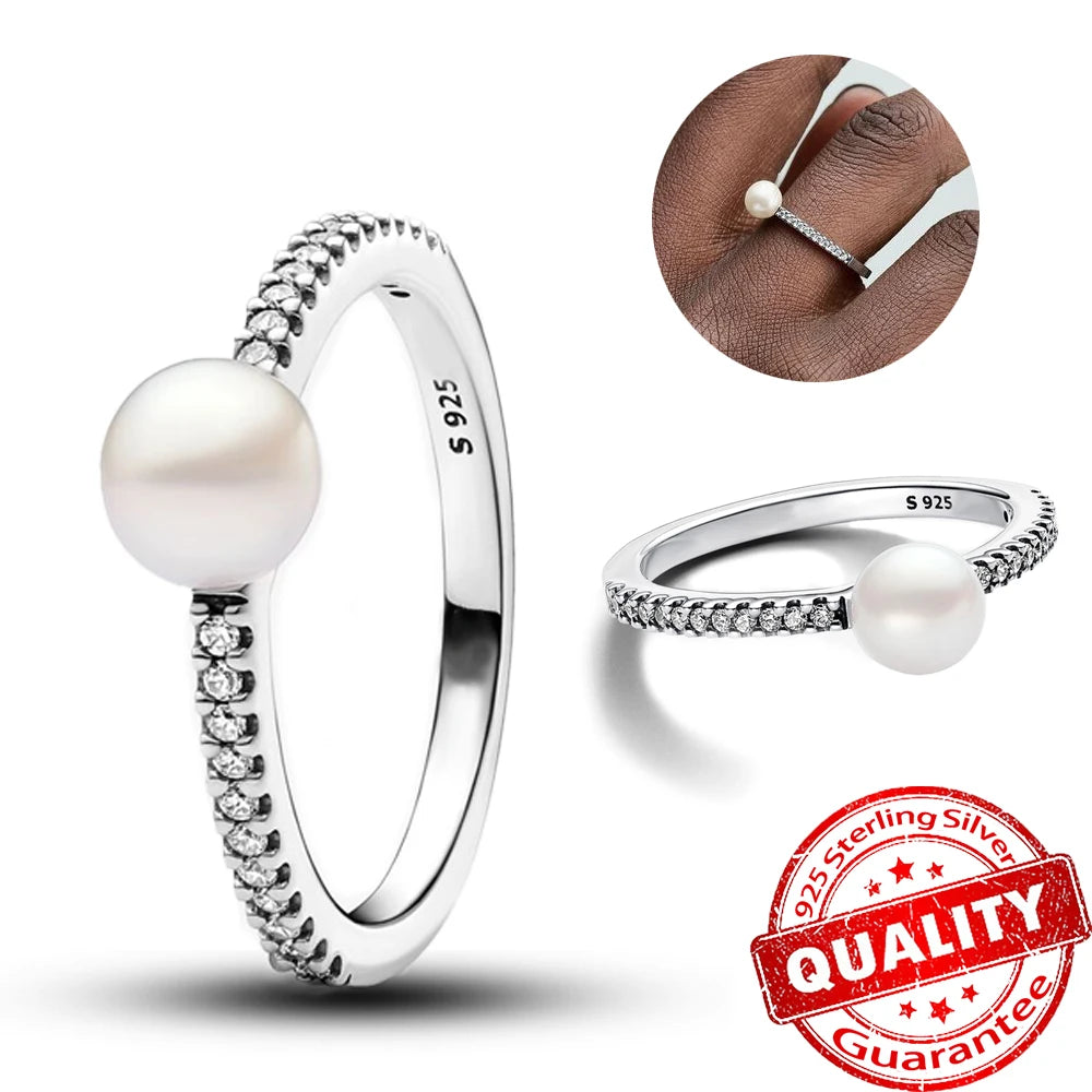 Sparkling Black Row Eternity Diamond Ring 925 Sterling Silver Freshwater Cultured Pearls Finger Open Ring for Women Jewelry Gift