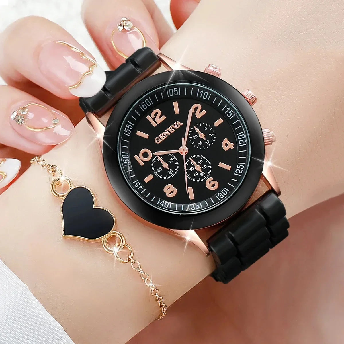 4PCS/Set Geneva Watch Fashion Silicone Band Women Watches Heart Jewelry Set ( Without Box )