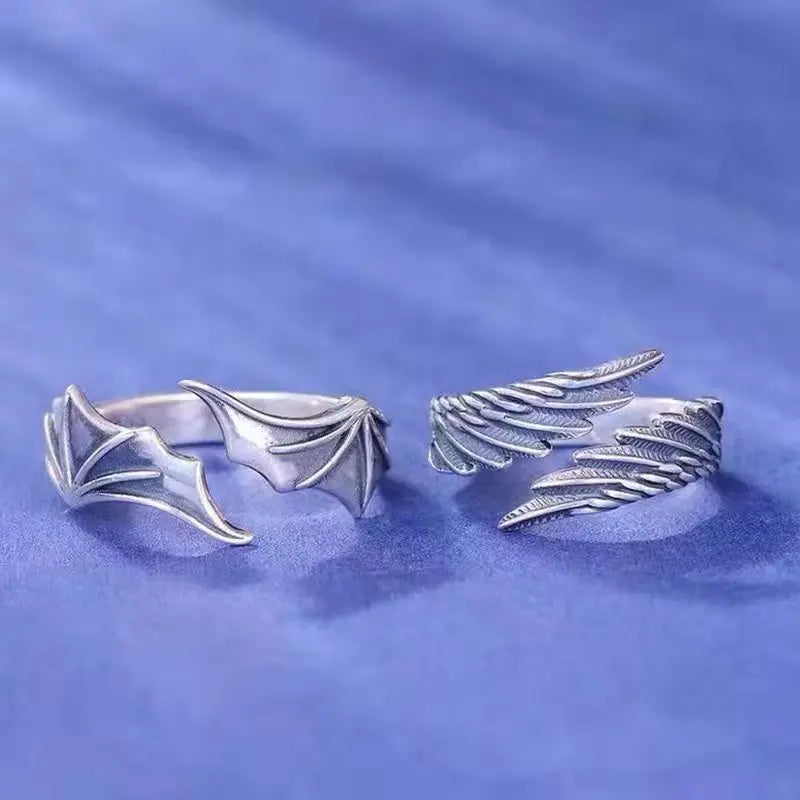 TrendMen Hiphop Rock Angel Devil Wing Couple Rings For Men Boys Silver Color Metal Fingers Accessories Party Jewelry Gifts